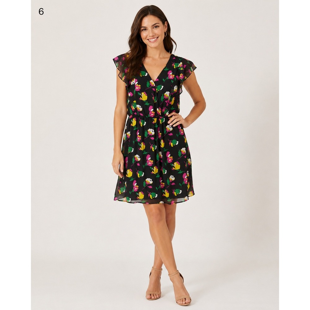 Old Navy Mini Dress Womens Small Black Floral Chiffon Flutter Sleeve Fairy